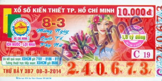 Mẫu vé sô xổ số Hồ Chí Minh ngày 8/3/2014