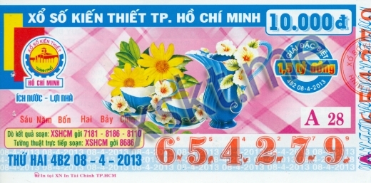 Mẫu vé sô xổ số Hồ Chí Minh ngày 8/4/2013