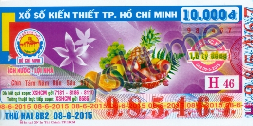 Mẫu vé sô xổ số Hồ Chí Minh ngày 8/6/2015