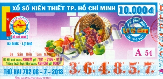 Mẫu vé sô xổ số Hồ Chí Minh ngày 8/7/2013