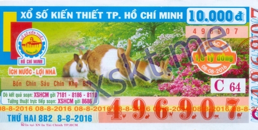 Mẫu vé sô xổ số Hồ Chí Minh ngày 8/8/2016