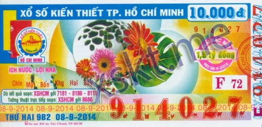 Mẫu vé sô xổ số Hồ Chí Minh ngày 8/9/2014