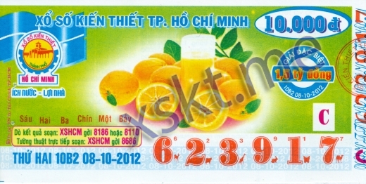 Mẫu vé sô xổ số Hồ Chí Minh ngày 8/10/2012
