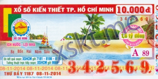 Mẫu vé sô xổ số Hồ Chí Minh ngày 8/11/2014