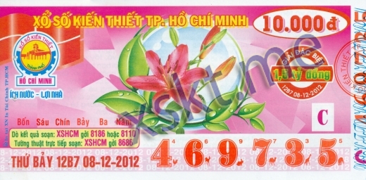 Mẫu vé sô xổ số Hồ Chí Minh ngày 8/12/2012