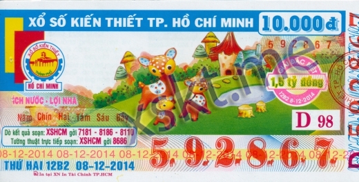 Mẫu vé sô xổ số Hồ Chí Minh ngày 8/12/2014