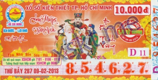 Mẫu vé sô xổ số Hồ Chí Minh ngày 9/2/2013