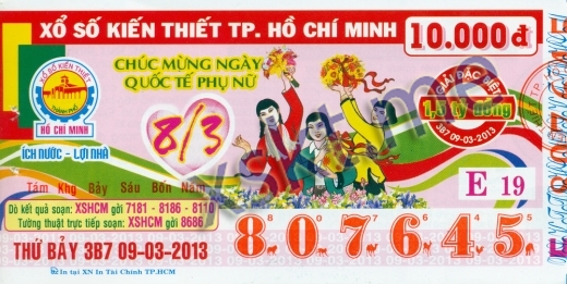 Mẫu vé sô xổ số Hồ Chí Minh ngày 9/3/2013