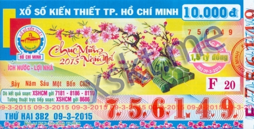 Mẫu vé sô xổ số Hồ Chí Minh ngày 9/3/2015