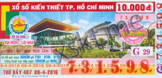 Mẫu vé sô xổ số Hồ Chí Minh ngày 9/4/2016