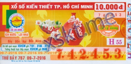 Mẫu vé sô xổ số Hồ Chí Minh ngày 9/7/2016