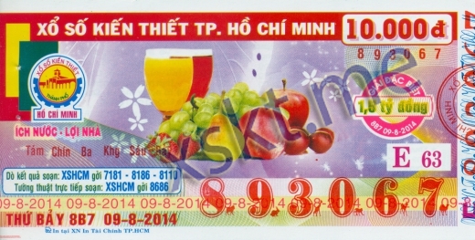 Mẫu vé sô xổ số Hồ Chí Minh ngày 9/8/2014