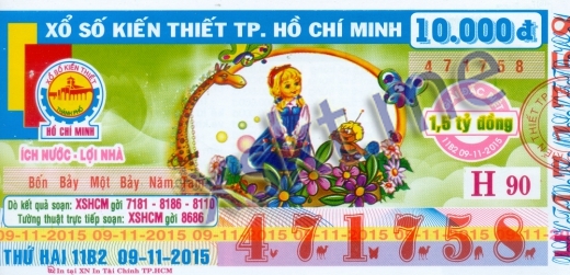 Mẫu vé sô xổ số Hồ Chí Minh ngày 9/11/2015