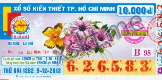 Mẫu vé sô xổ số Hồ Chí Minh ngày 9/12/2013