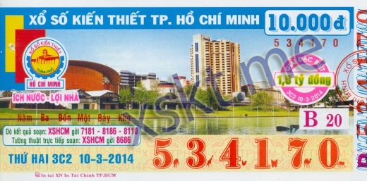 Mẫu vé sô xổ số Hồ Chí Minh ngày 10/3/2014