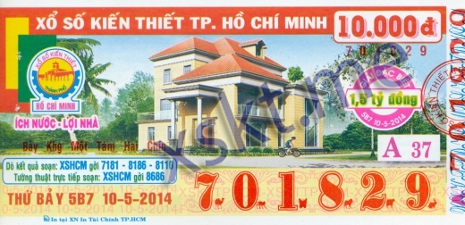 Mẫu vé sô xổ số Hồ Chí Minh ngày 10/5/2014