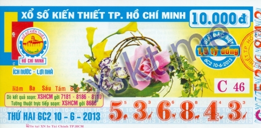 Mẫu vé sô xổ số Hồ Chí Minh ngày 10/6/2013