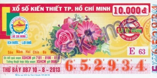 Mẫu vé sô xổ số Hồ Chí Minh ngày 10/8/2013