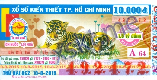 Mẫu vé sô xổ số Hồ Chí Minh ngày 10/8/2015