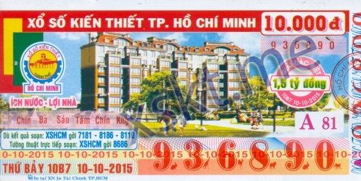 Mẫu vé sô xổ số Hồ Chí Minh ngày 10/10/2015