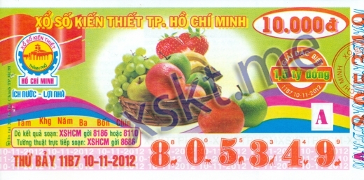 Mẫu vé sô xổ số Hồ Chí Minh ngày 10/11/2012