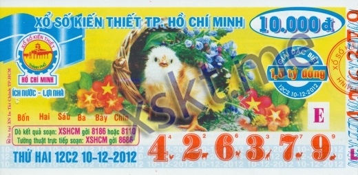 Mẫu vé sô xổ số Hồ Chí Minh ngày 10/12/2012