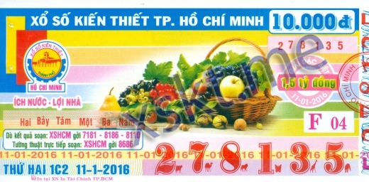 Mẫu vé sô xổ số Hồ Chí Minh ngày 11/1/2016