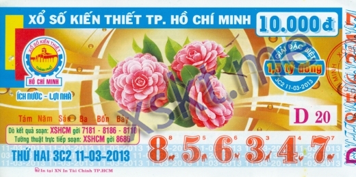 Mẫu vé sô xổ số Hồ Chí Minh ngày 11/3/2013