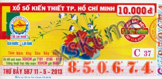 Mẫu vé sô xổ số Hồ Chí Minh ngày 11/5/2013