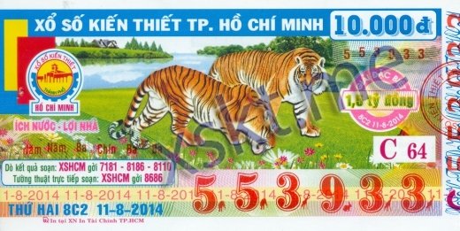 Mẫu vé sô xổ số Hồ Chí Minh ngày 11/8/2014