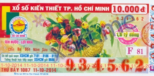 Mẫu vé sô xổ số Hồ Chí Minh ngày 11/10/2014