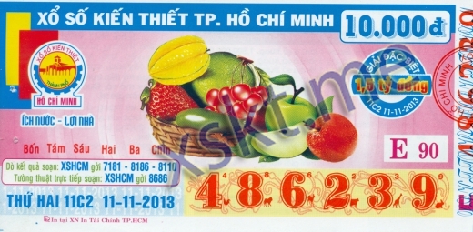 Mẫu vé sô xổ số Hồ Chí Minh ngày 11/11/2013