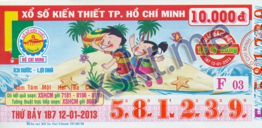 Mẫu vé sô xổ số Hồ Chí Minh ngày 12/1/2013