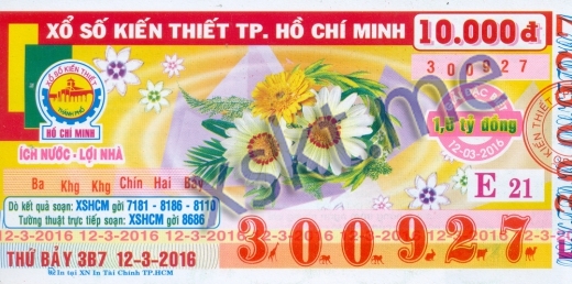 Mẫu vé sô xổ số Hồ Chí Minh ngày 12/3/2016
