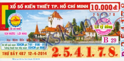 Mẫu vé sô xổ số Hồ Chí Minh ngày 12/4/2014