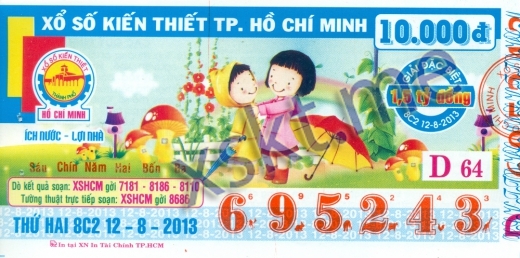 Mẫu vé sô xổ số Hồ Chí Minh ngày 12/8/2013