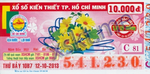 Mẫu vé sô xổ số Hồ Chí Minh ngày 12/10/2013