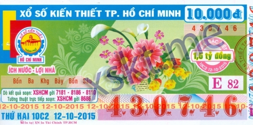 Mẫu vé sô xổ số Hồ Chí Minh ngày 12/10/2015