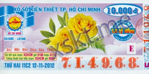 Mẫu vé sô xổ số Hồ Chí Minh ngày 12/11/2012