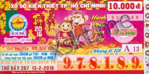 Mẫu vé sô xổ số Hồ Chí Minh ngày 13/2/2016