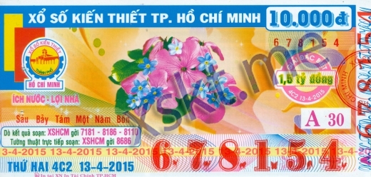 Mẫu vé sô xổ số Hồ Chí Minh ngày 13/4/2015