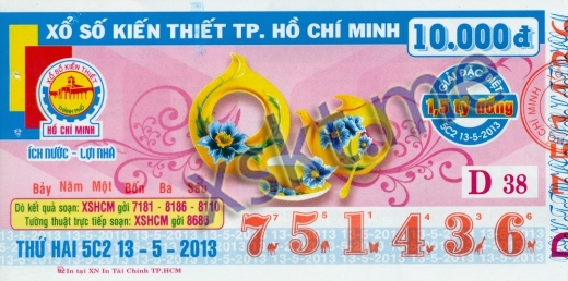 Mẫu vé sô xổ số Hồ Chí Minh ngày 13/5/2013