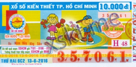 Mẫu vé sô xổ số Hồ Chí Minh ngày 13/6/2016