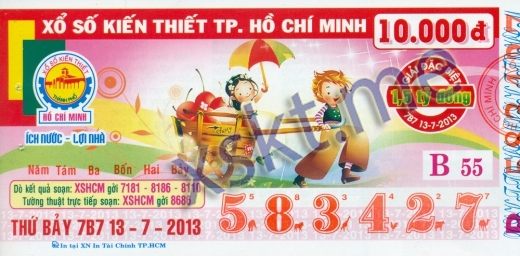 Mẫu vé sô xổ số Hồ Chí Minh ngày 13/7/2013
