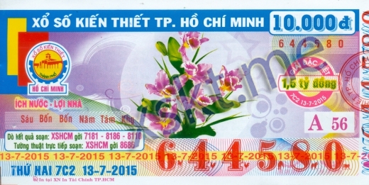 Mẫu vé sô xổ số Hồ Chí Minh ngày 13/7/2015