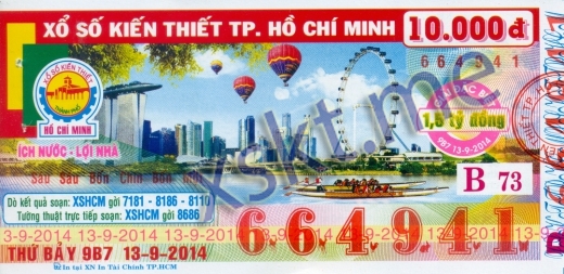 Mẫu vé sô xổ số Hồ Chí Minh ngày 13/9/2014