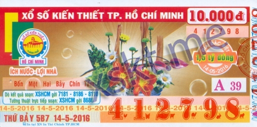 Mẫu vé sô xổ số Hồ Chí Minh ngày 14/5/2016