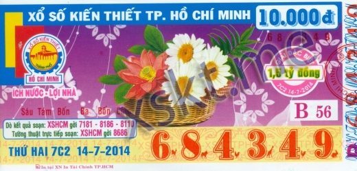 Mẫu vé sô xổ số Hồ Chí Minh ngày 14/7/2014