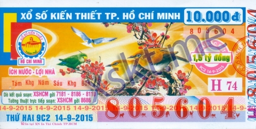 Mẫu vé sô xổ số Hồ Chí Minh ngày 14/9/2015