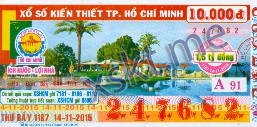 Mẫu vé sô xổ số Hồ Chí Minh ngày 14/11/2015